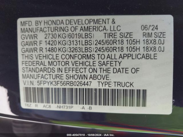 5FPYK3F56RB026447 Honda Ridgeline Rtl