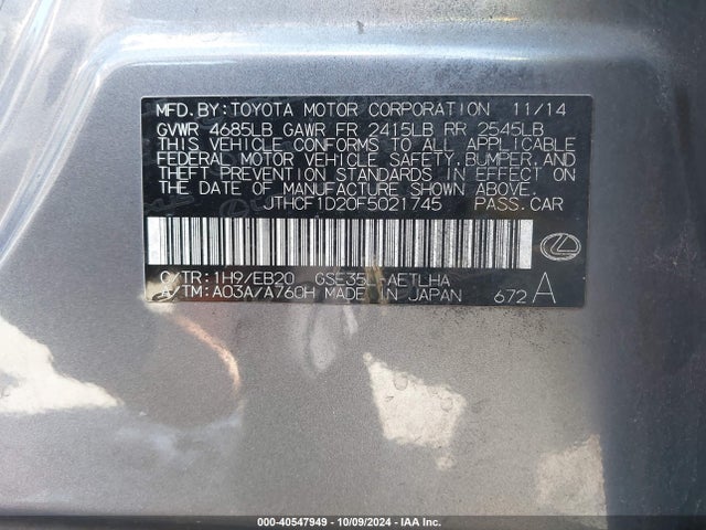 Lexus IS 250 2015 JTHCF1D20F5021745 Image 9