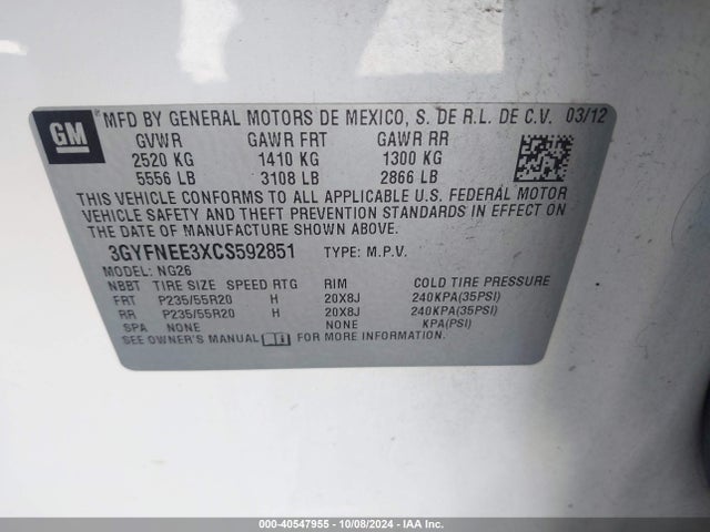 2012 CADILLAC SRX 3GYFNEE3XCS592851 Photo 8