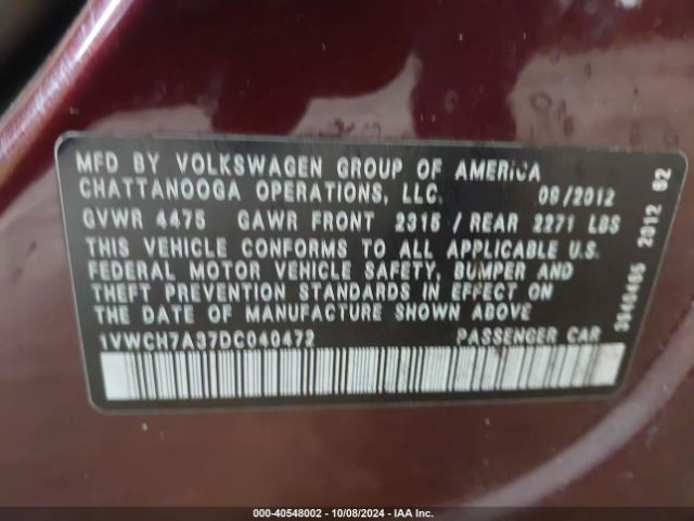 2013 VOLKSWAGEN PASSAT 1VWCH7A37DC040472 Photo 8