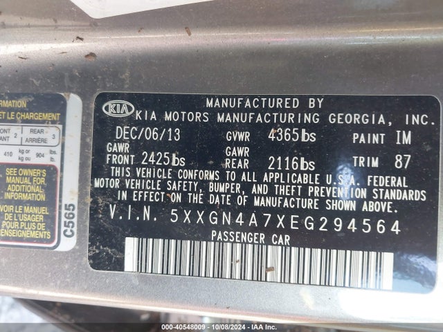 KIA OPTIMA EX 2014 5XXGN4A7XEG294564 Image 9