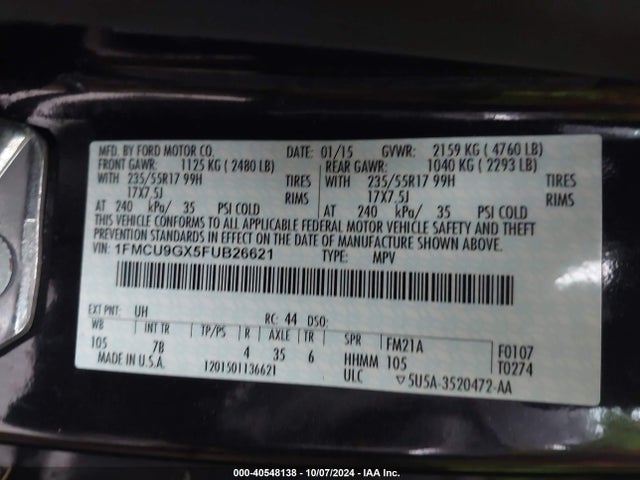 Ford ESCAPE SE 2015 1FMCU9GX5FUB26621 Image 9