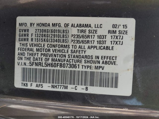 Honda Odyssey Ex-l 2015 5FNRL5H60FB073061 Image 9