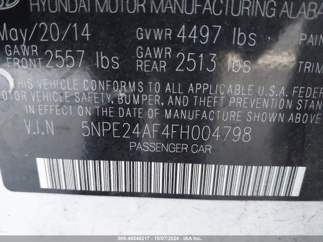 Hyundai SONATA SE 2015 5NPE24AF4FH004798 Image 9