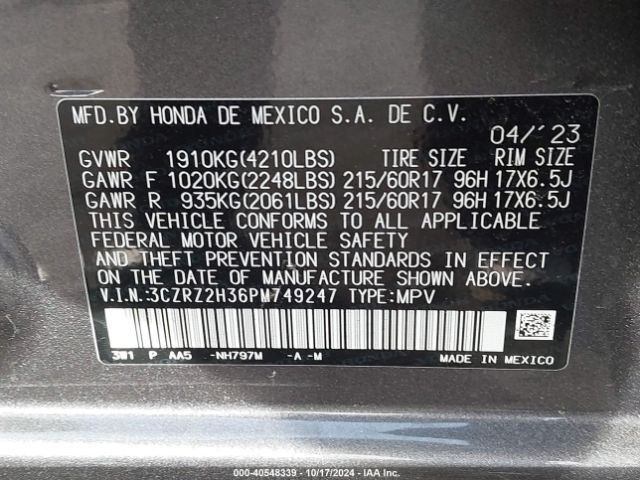 3CZRZ2H36PM749247 Honda Hr-v Awd Lx