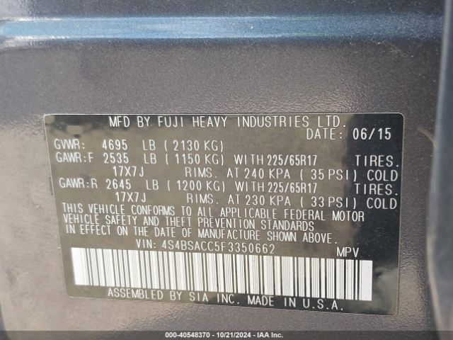4S4BSACC5F3350662 Subaru Outback 2.5i Premium