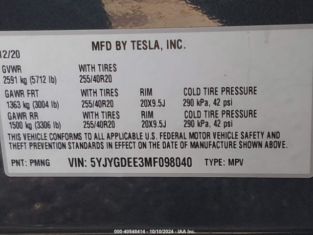 2021 TESLA MODEL Y 5YJYGDEE3MF098040 Photo 8