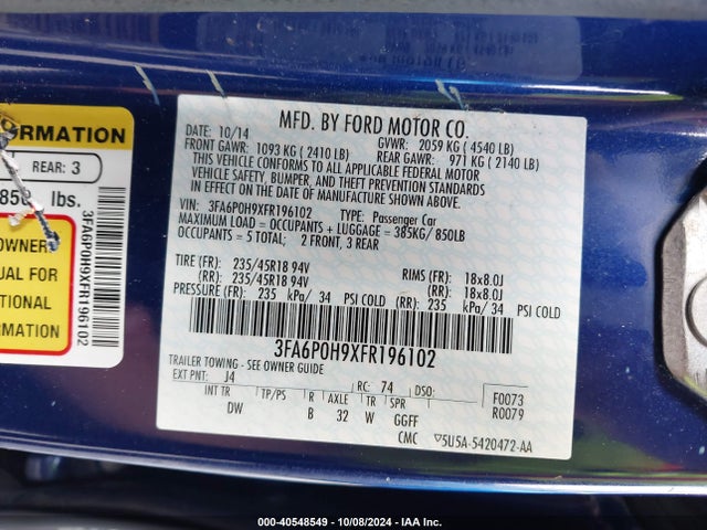Ford FUSION SE 2015 3FA6P0H9XFR196102 Image 9