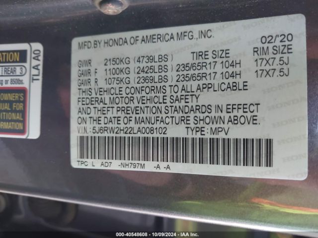 5J6RW2H22LA008102 Honda Cr-v Awd Lx