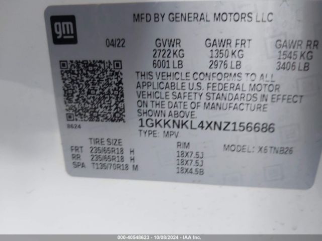 1GKKNKL4XNZ156686 GMC Acadia Fwd Sle