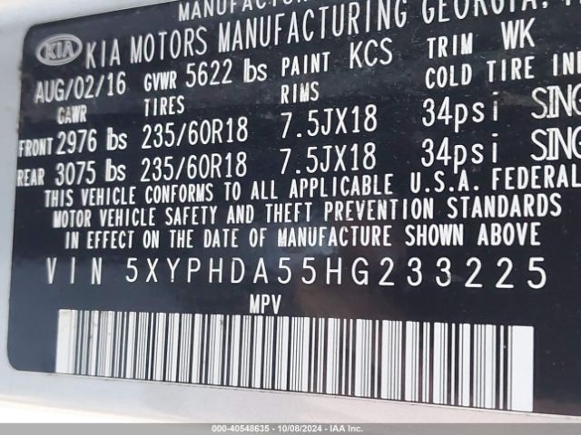 5XYPHDA55HG233225 KIA Sorento 3.3l Ex