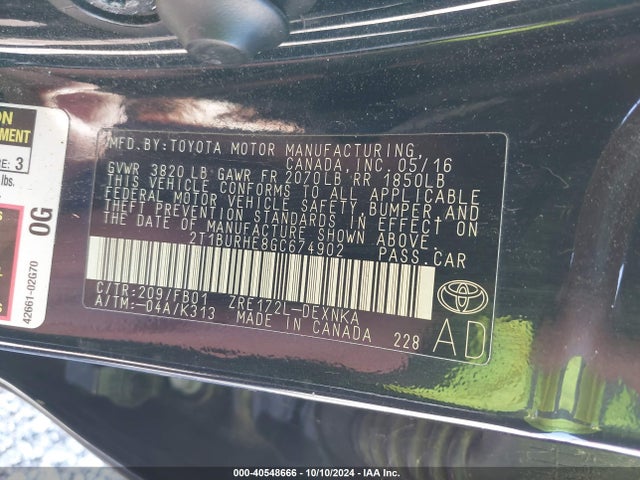 Toyota COROLLA LE 2016 2T1BURHE8GC674902 Image 9