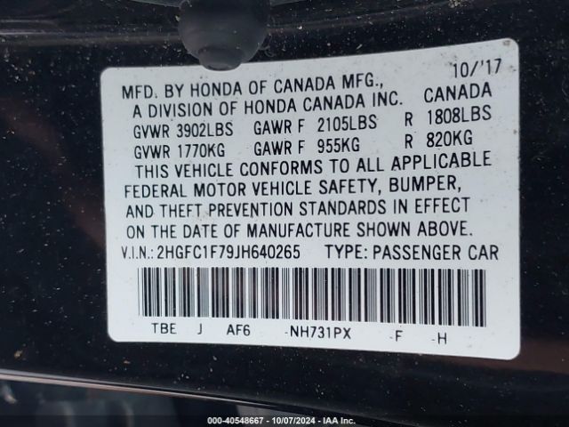 2HGFC1F79JH640265 Honda Civic Ex-l