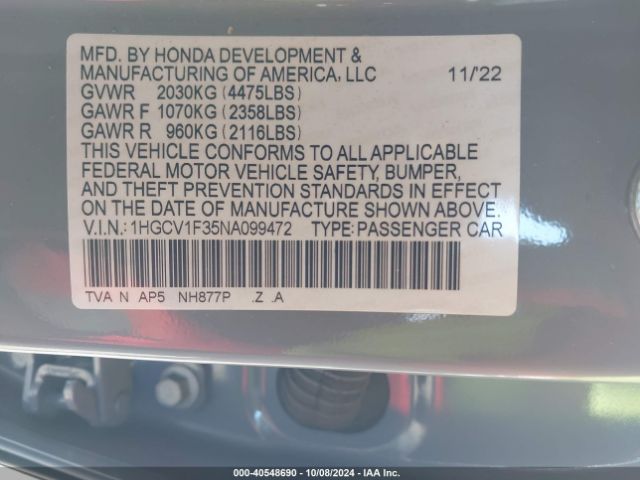 1HGCV1F35NA099472 Honda Accord Sport