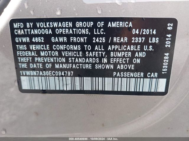 1VWBN7A30EC094797 Volkswagen Passat 2.0l Tdi Se