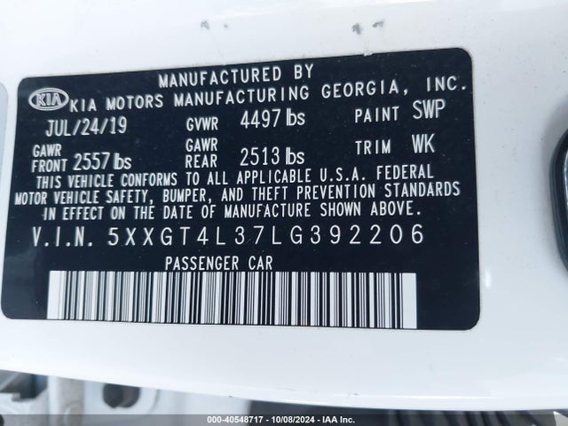 KIA Optima Lx 2020 5XXGT4L37LG392206 Image 9
