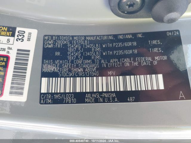 5TDCSKFC1RS131940 Toyota Sienna Xse