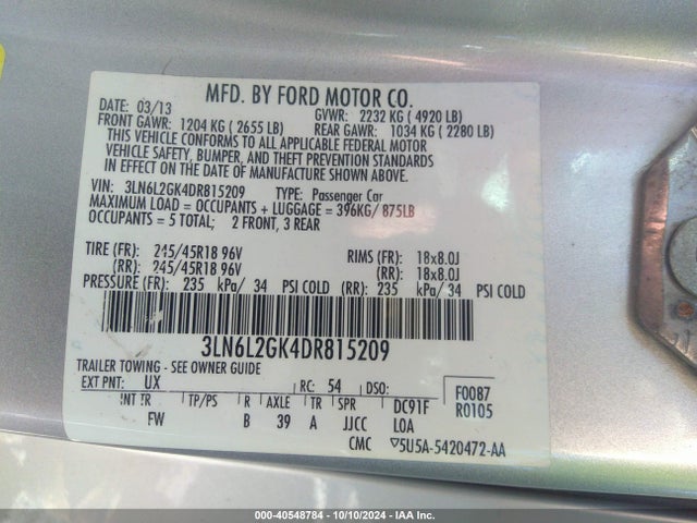Aukcja sprzedaży 2013 Lincoln Mkz, vin: 3LN6L2GK4DR815209, numer aukcji: 40548784