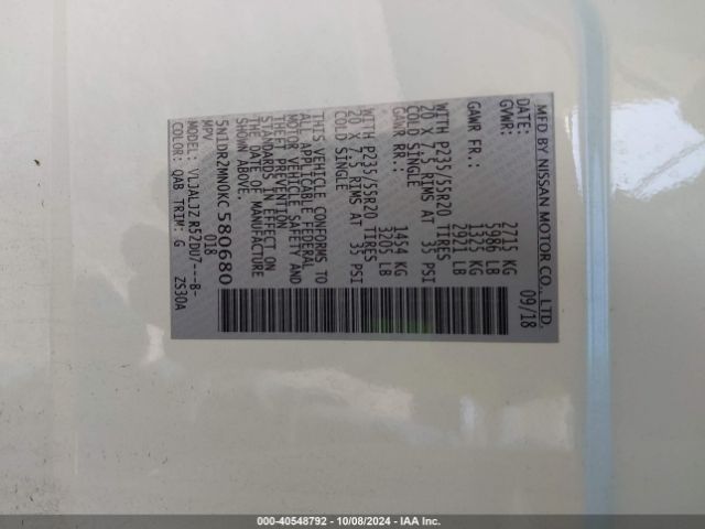 5N1DR2MN0KC580680 Nissan Pathfinder Platinum