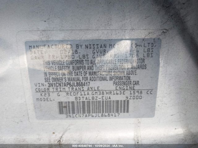3N1CN7AP6JL868417 Nissan Versa 1.6 Sv