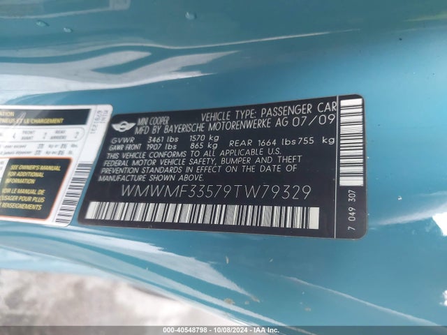 2009 MINI COOPER WMWMF33579TW79329 Photo 8