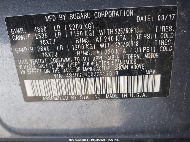 Subaru Outback 3.6r Limited 2018 4S4BSENC0J3237618 Image 9