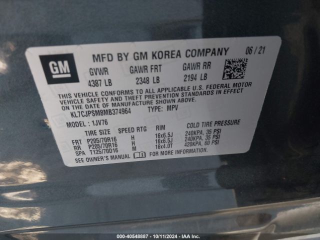 KL7CJPSM8MB374964 Chevrolet Trax Awd Lt