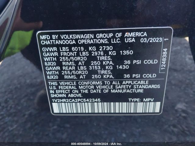 1V2HR2CA2PC542345 Volkswagen Atlas 3.6l V6 Se W/technology