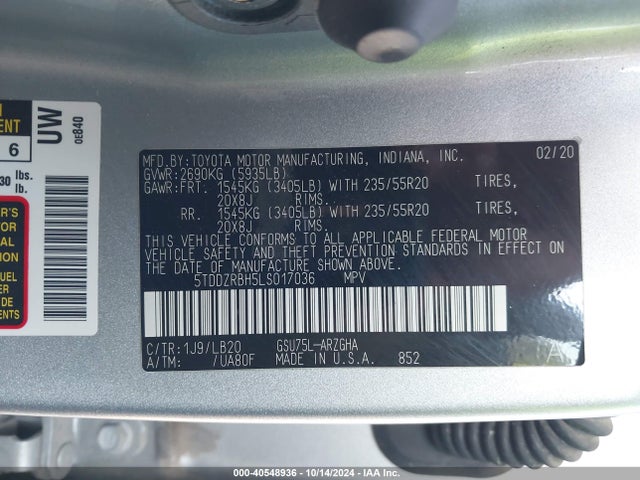 Toyota Highlander Limited 2020 5TDDZRBH5LS017036 Image 9