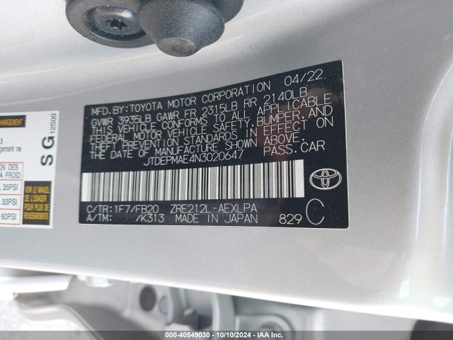 Toyota COROLLA LE 2022 JTDEPMAE4N3020647 Image 9