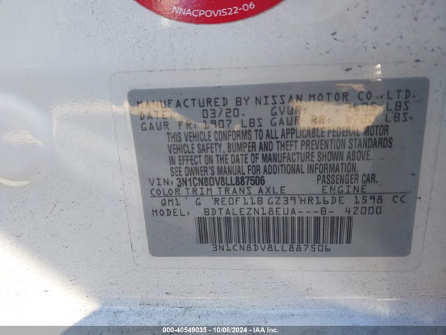 Nissan Versa S Xtronic Cvt 2020 3N1CN8DV8LL887506 Image 9