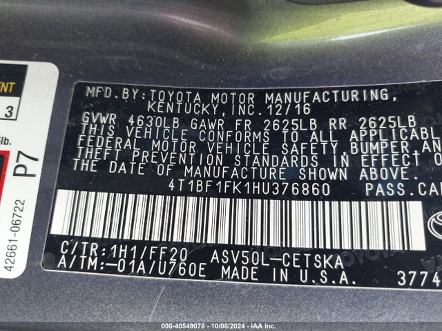 Toyota CAMRY SE 2017 4T1BF1FK1HU376860 Image 9