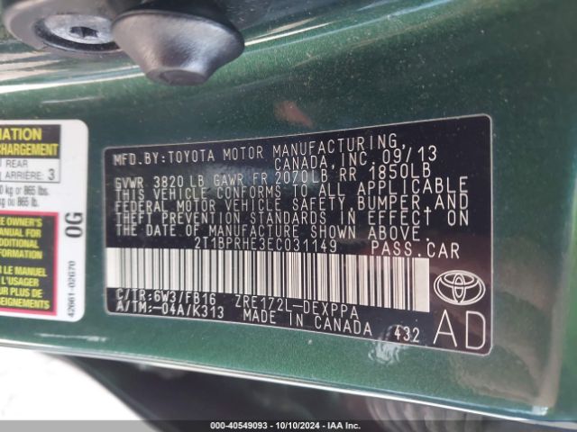 2T1BPRHE3EC031149 Toyota Corolla Le Eco Plus