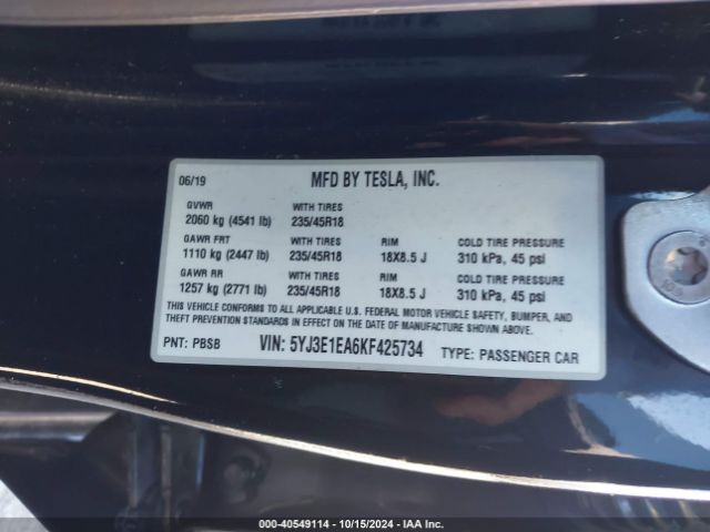 5YJ3E1EA6KF425734 Tesla MODEL 3