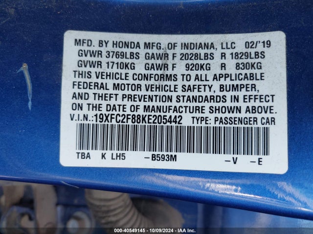 Honda Civic Sport 2019 19XFC2F88KE205442 Image 9