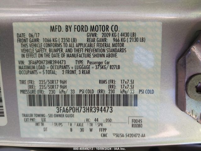 3FA6P0H73HR394473 Ford FUSION SE