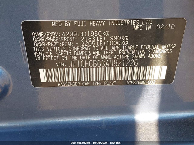 2010 Subaru Impreza 2.5i Premium მანქანა იყიდება აუქციონზე, vin: JF1GH6B63AH821226, აუქციონის ნომერი: 40549249