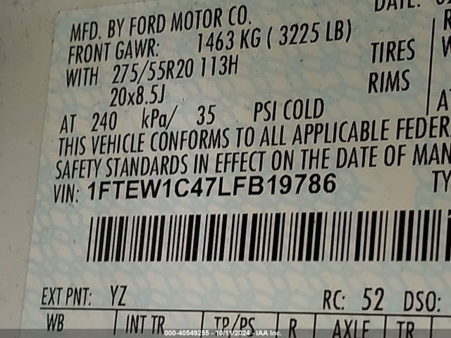 Ford F-150 Lariat 2020 1FTEW1C47LFB19786 Image 9