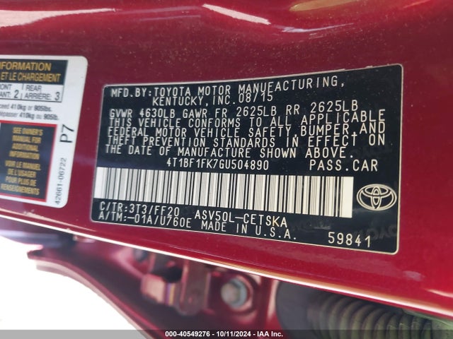 Toyota CAMRY SE 2016 4T1BF1FK7GU504890 Image 9