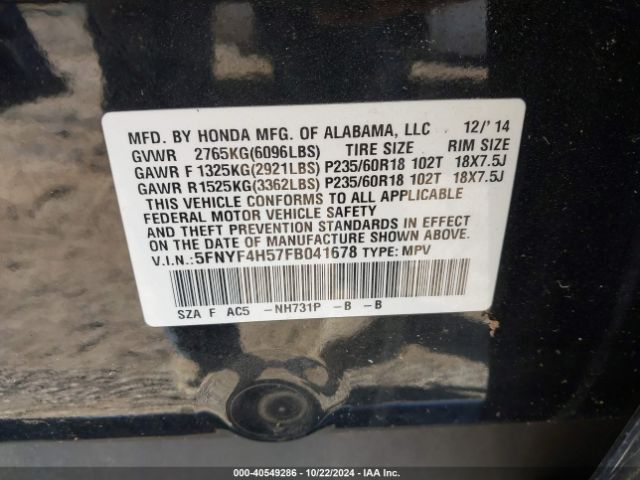 5FNYF4H57FB041678 Honda Pilot Ex-l