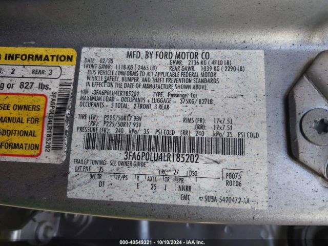 3FA6P0LU4LR185202 Ford Fusion Hybrid Se