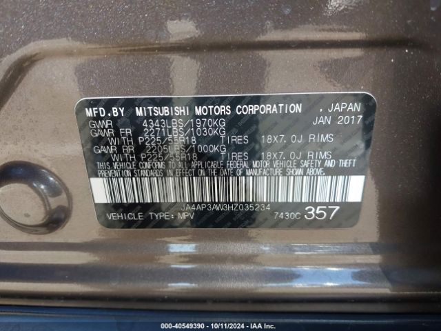 JA4AP3AW3HZ035234 Mitsubishi Outlander Sport 2.4 Se
