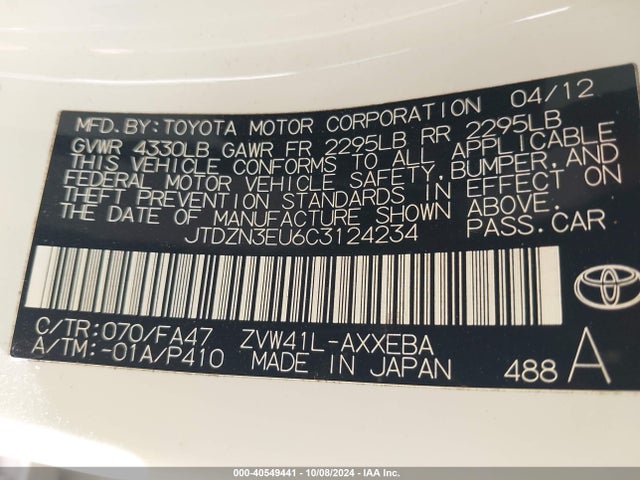 40549441 :رقم المزاد ، JTDZN3EU6C3124234 vin ، 2012 Toyota Prius V Three مزاد بيع