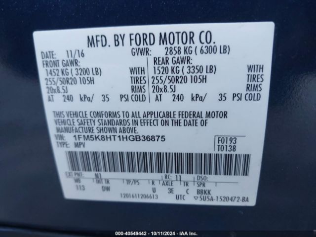 1FM5K8HT1HGB36875 Ford Explorer Platinum