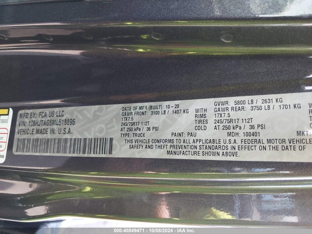 Jeep Gladiator Sport 4x4 2021 1C6HJTAG6ML518896 Image 9
