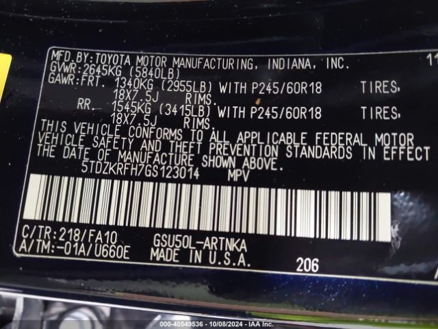5TDZKRFH7GS123014 Toyota Highlander Le Plus V6