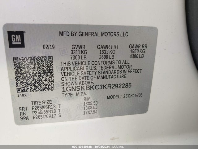 Chevrolet Tahoe Lt 2019 1GNSKBKC3KR292285 Image 9