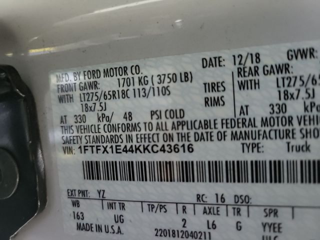 1FTFX1E44KKC43616 Ford F150 Super Cab