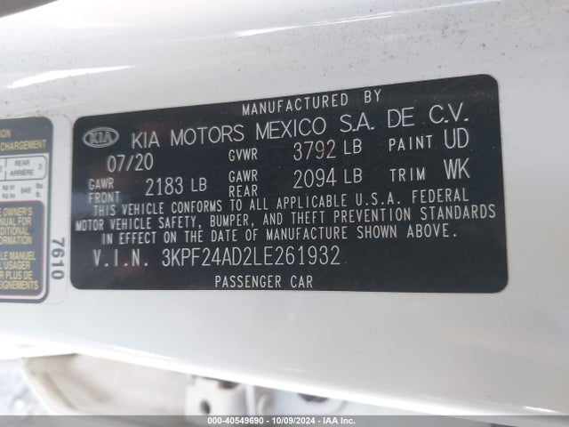 KIA Forte Lxs 2020 3KPF24AD2LE261932 Image 9