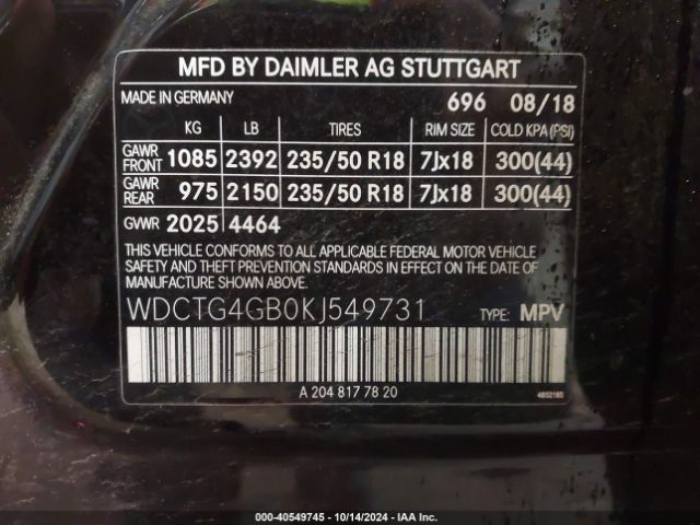 WDCTG4GB0KJ549731 Mercedes-Benz Gla 250 4matic
